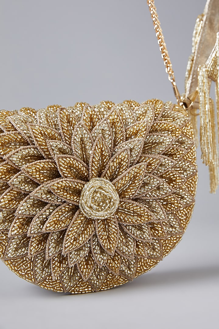 Gold Vegan Leather Crystal Hand Embellished Rose Clutch by BEAU MONDE at Pernia's Pop Up Shop