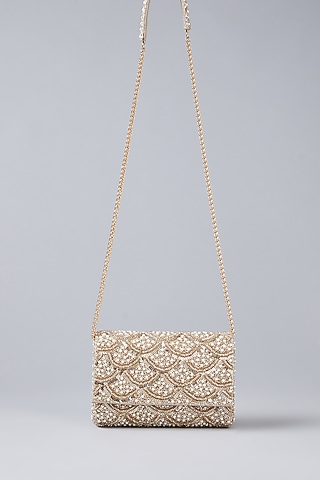 Gold Faux Leather Bead Hand Embroidered Clutch by BEAU MONDE