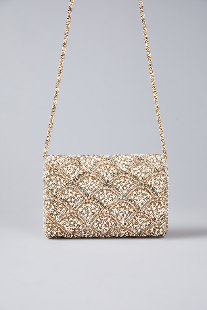 Gold Faux Leather Bead Hand Embroidered Clutch by BEAU MONDE at Pernia's Pop Up Shop