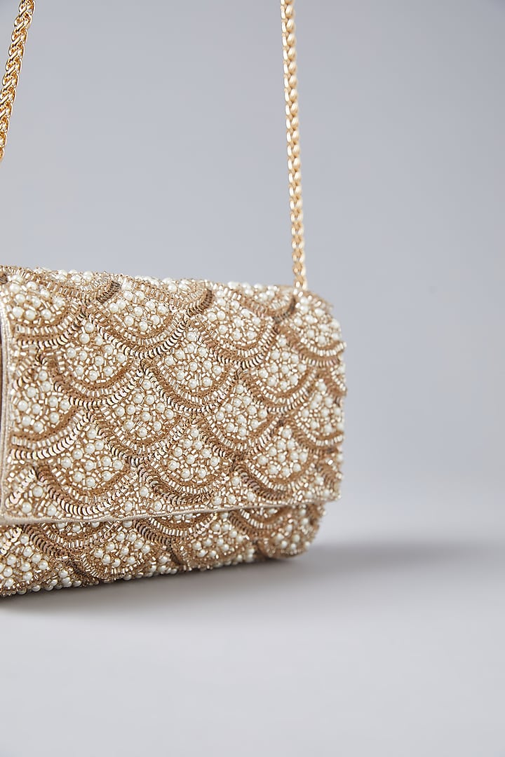 Gold Faux Leather Bead Hand Embroidered Clutch by BEAU MONDE at Pernia's Pop Up Shop