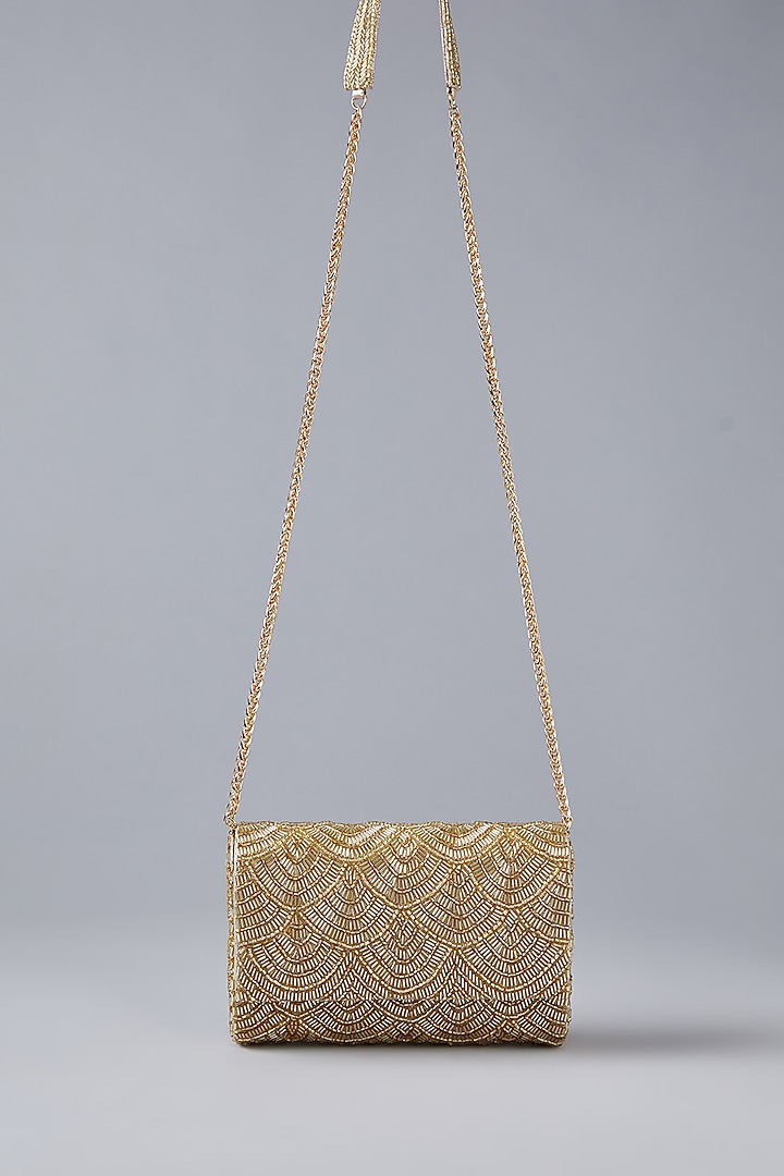 Gold Vegan Leather Bead Embellished Clutch by BEAU MONDE