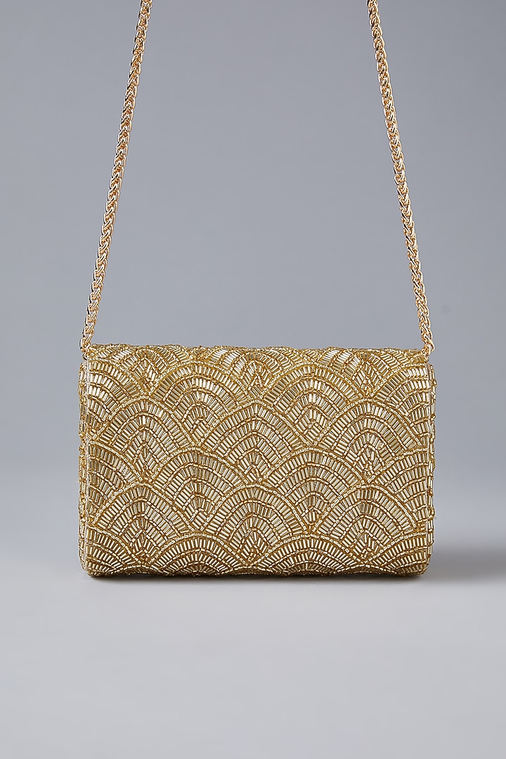 Gold Vegan Leather Bead Embellished Clutch by BEAU MONDE at Pernia's Pop Up Shop