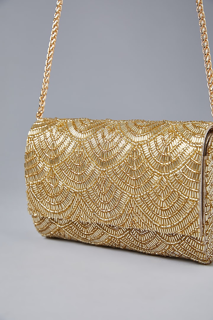 Gold Vegan Leather Bead Embellished Clutch by BEAU MONDE at Pernia's Pop Up Shop