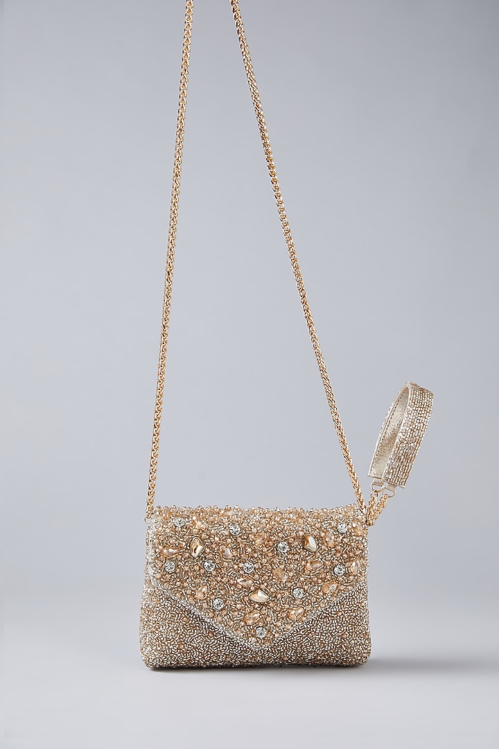 Gold Vegan Leather Crystal Embellished Clutch by BEAU MONDE