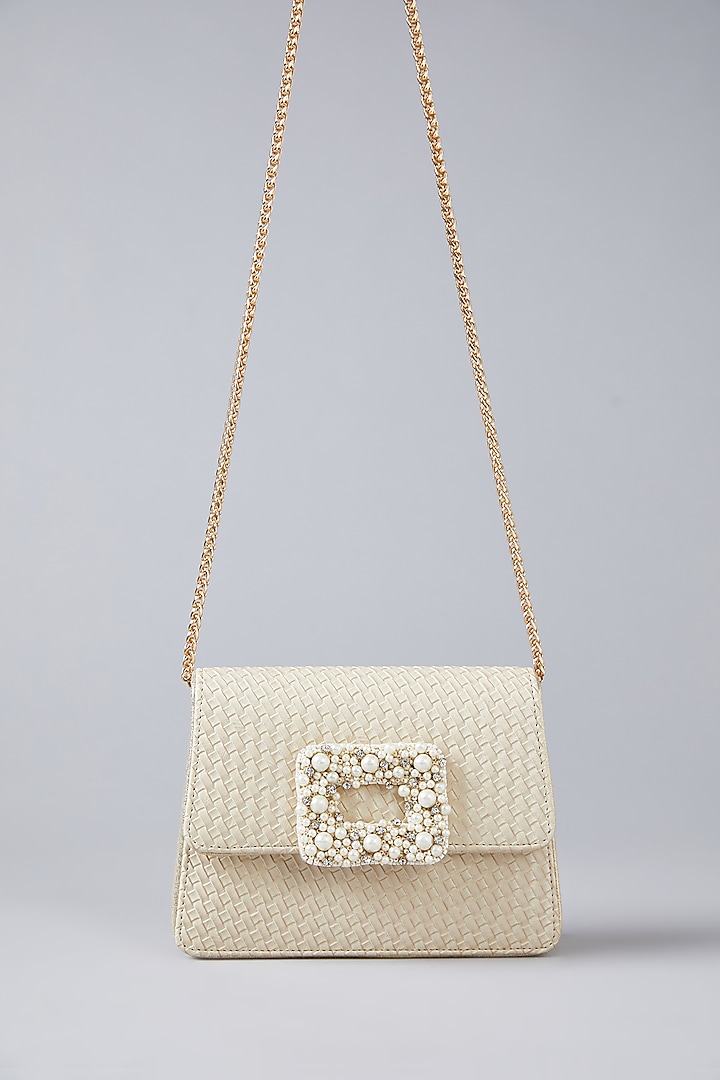 Ivory Faux Leather Pearl Hand Embroidered Clutch by BEAU MONDE