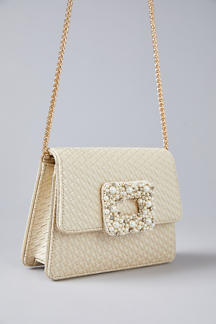 Ivory Faux Leather Pearl Hand Embroidered Clutch by BEAU MONDE at Pernia's Pop Up Shop