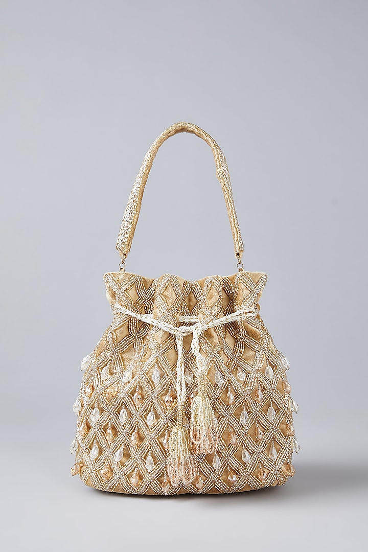 Gold Faux Leather Hand Embroidered Potli by BEAU MONDE