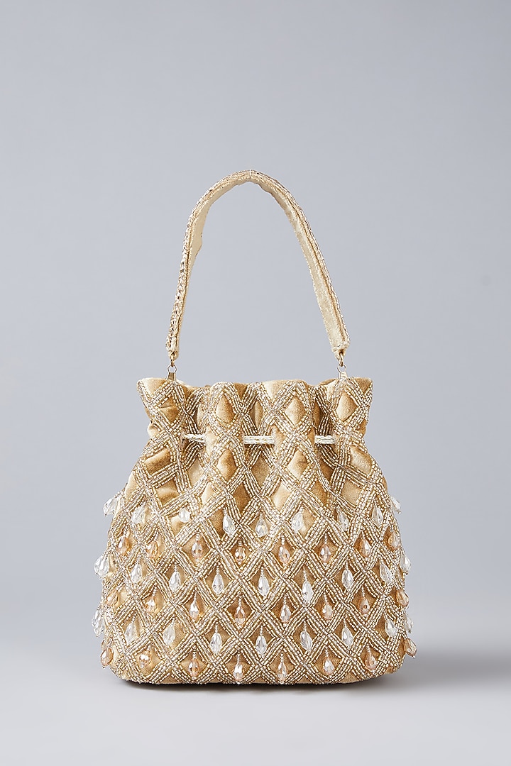 Gold Faux Leather Hand Embroidered Potli by BEAU MONDE at Pernia's Pop Up Shop