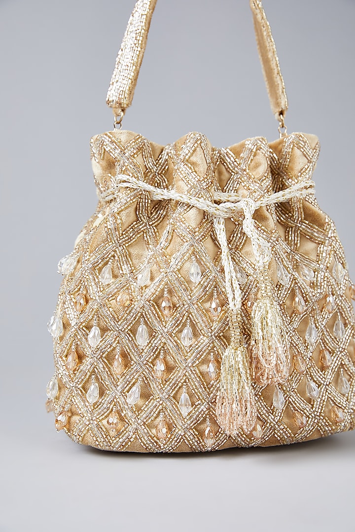 Gold Faux Leather Hand Embroidered Potli by BEAU MONDE at Pernia's Pop Up Shop