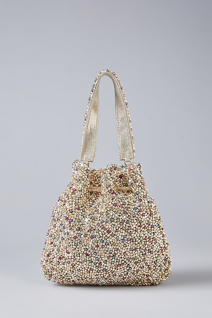Gold Vegan Leather Ruby Stone Embellished Potli by BEAU MONDE at Pernia's Pop Up Shop