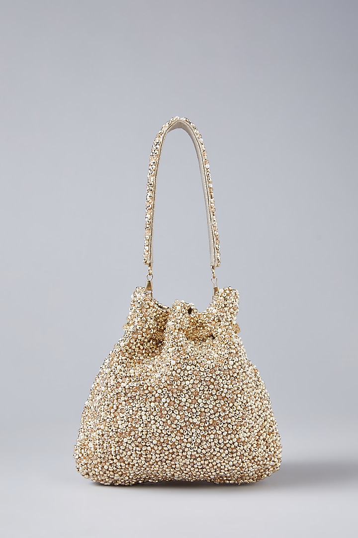 Gold & Rose Gold Vegan Leather Bead Embellished Potli by BEAU MONDE at Pernia's Pop Up Shop