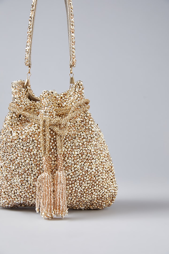 Gold & Rose Gold Vegan Leather Bead Embellished Potli by BEAU MONDE at Pernia's Pop Up Shop