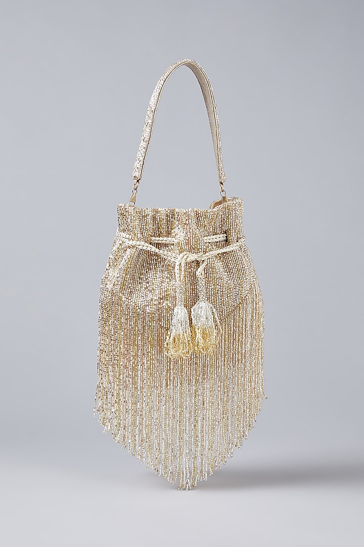 Gold-Beige Vegan Leather Hand Embroidered Potli by BEAU MONDE