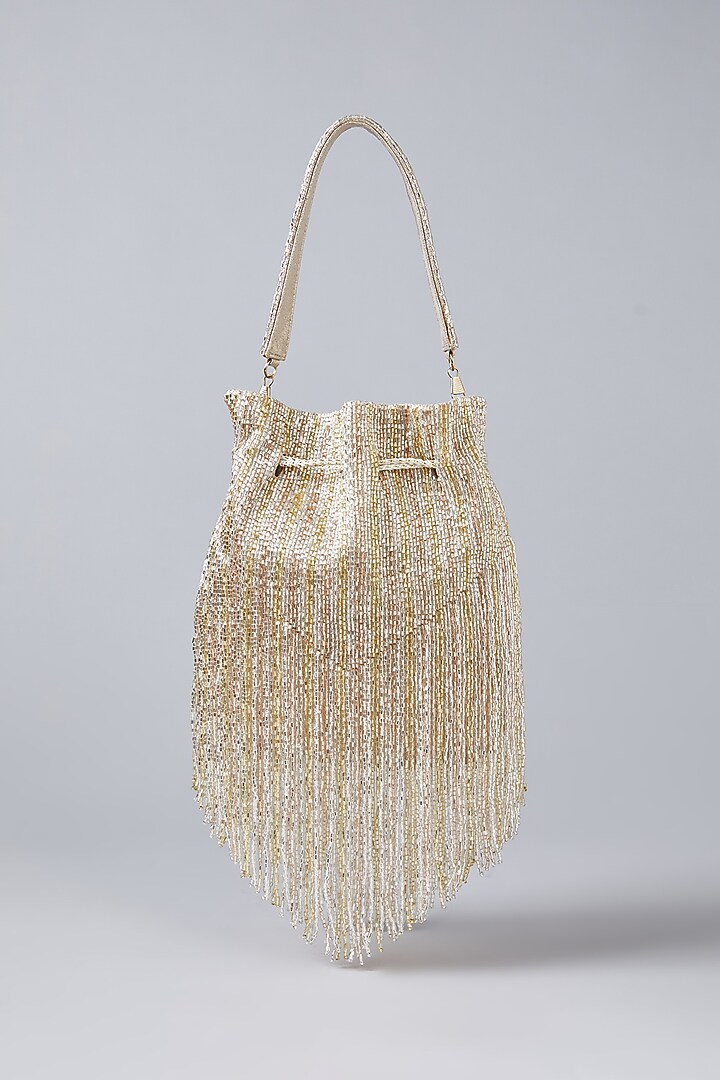 Gold-Beige Vegan Leather Hand Embroidered Potli by BEAU MONDE at Pernia's Pop Up Shop
