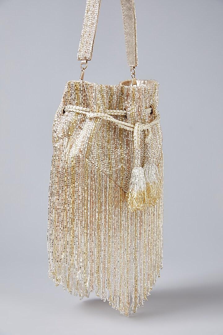 Gold-Beige Vegan Leather Hand Embroidered Potli by BEAU MONDE at Pernia's Pop Up Shop