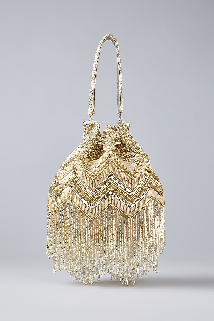 Gold Vegan Leather Hand Embroidered Potli by BEAU MONDE at Pernia's Pop Up Shop