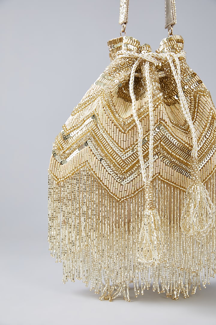 Gold Vegan Leather Hand Embroidered Potli by BEAU MONDE at Pernia's Pop Up Shop