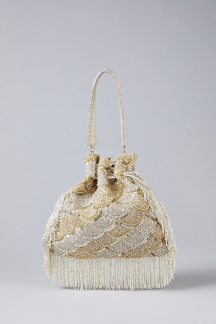 Gold & Silver Vegan Leather Hand Embroidered Potli by BEAU MONDE