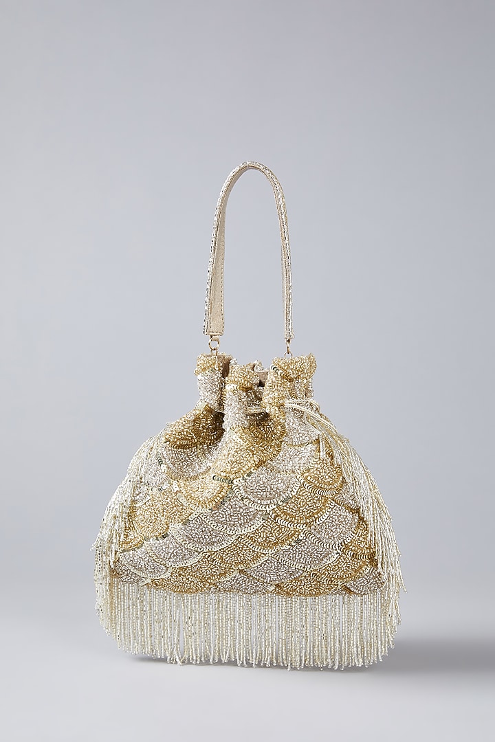Gold & Silver Vegan Leather Hand Embroidered Potli by BEAU MONDE at Pernia's Pop Up Shop