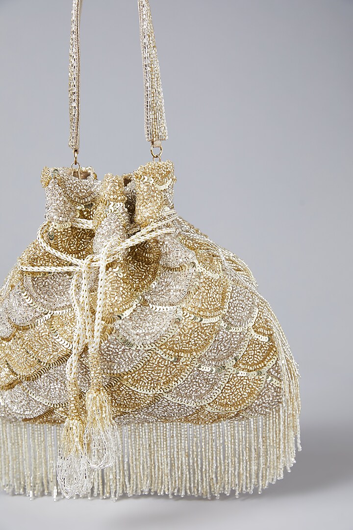 Gold & Silver Vegan Leather Hand Embroidered Potli by BEAU MONDE at Pernia's Pop Up Shop