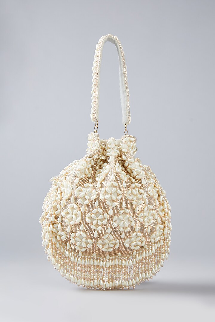 Pearl White & Rose Gold Velvet Embellished Potli by BEAU MONDE at Pernia's Pop Up Shop