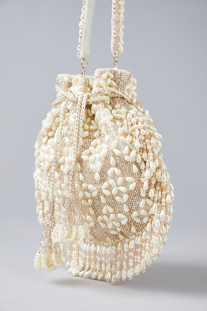 Pearl White & Rose Gold Velvet Embellished Potli by BEAU MONDE at Pernia's Pop Up Shop