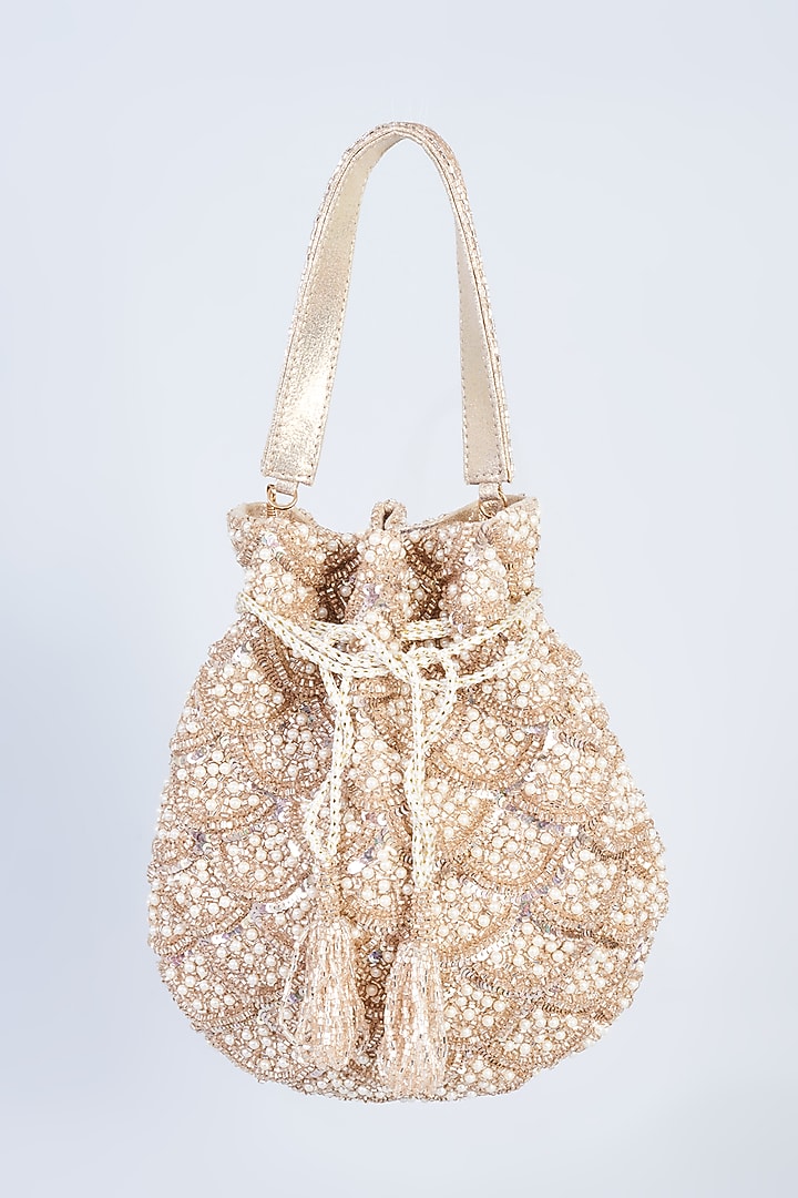 Light Gold Velvet Embroidered Potli by BEAU MONDE at Pernia's Pop Up Shop