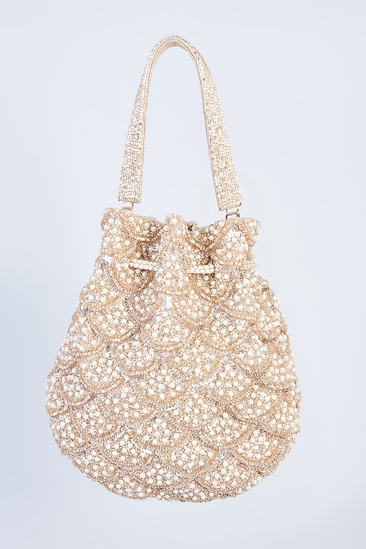 Light Gold Velvet Embroidered Potli by BEAU MONDE at Pernia's Pop Up Shop