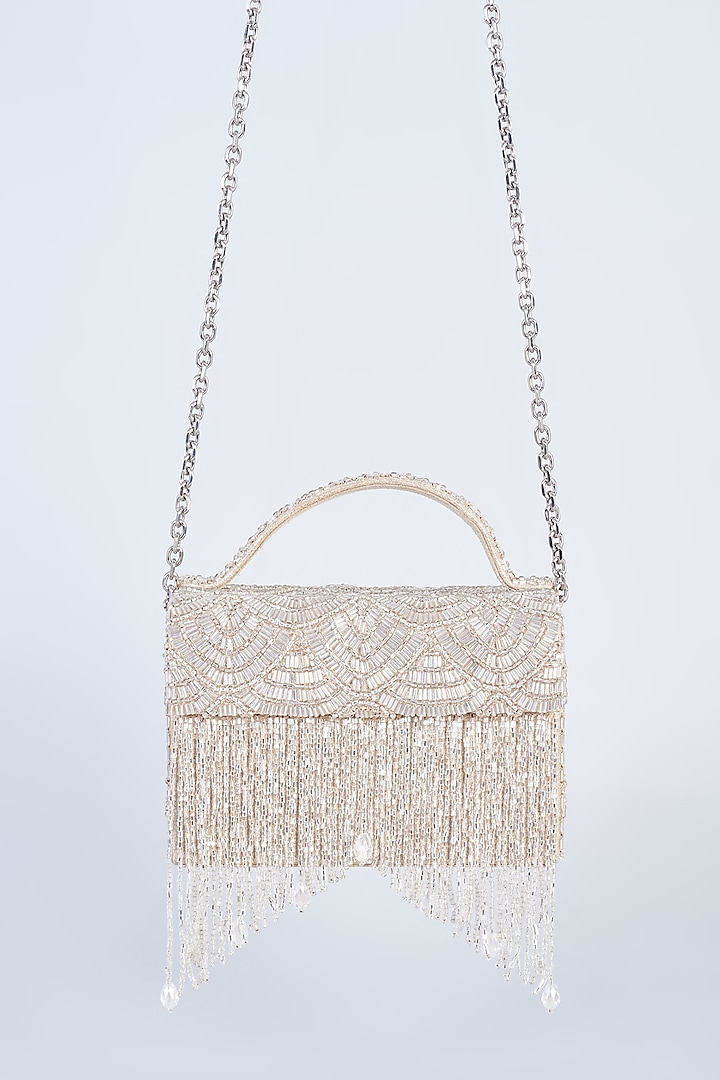 Silver Embroidered Box Bag by BEAU MONDE