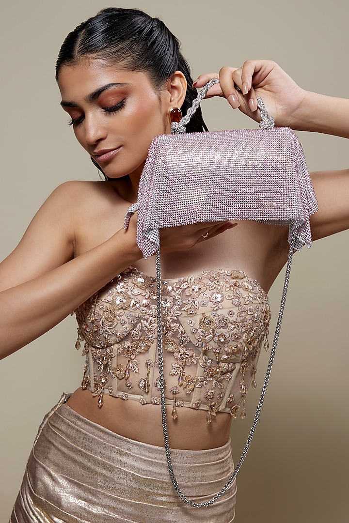 Pink Silver Mesh Crystal Embellished Sling Bag by BEAU MONDE at Pernia's Pop Up Shop