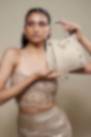 Beige Faux Leather Rectangular-Shaped Bucket Bag by BEAU MONDE at Pernia's Pop Up Shop