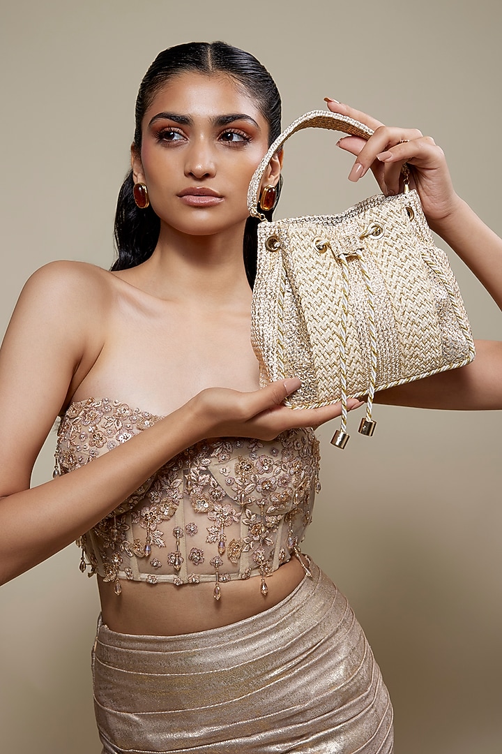 Beige Faux Leather Rectangular-Shaped Bucket Bag by BEAU MONDE at Pernia's Pop Up Shop