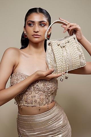 Beige Faux Leather Rectangular-Shaped Bucket Bag by BEAU MONDE