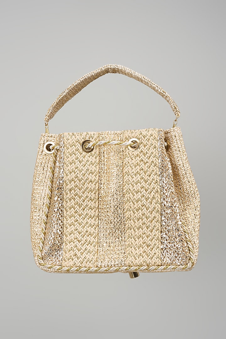 Beige Faux Leather Rectangular-Shaped Bucket Bag by BEAU MONDE at Pernia's Pop Up Shop