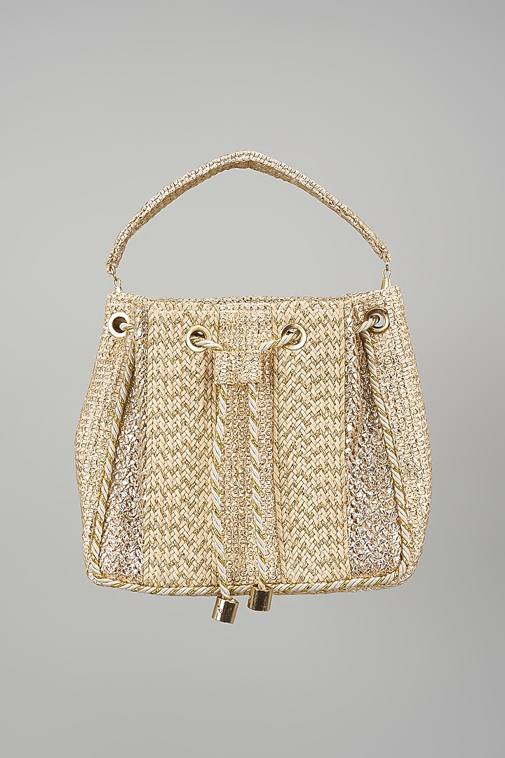 Beige Faux Leather Rectangular-Shaped Bucket Bag by BEAU MONDE at Pernia's Pop Up Shop