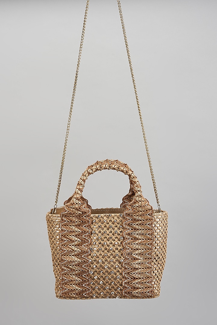 Golden Faux Leather Metal Stud Lace Clutch by BEAU MONDE at Pernia's Pop Up Shop