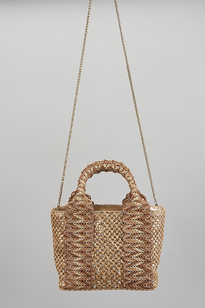 Golden Faux Leather Metal Stud Lace Clutch by BEAU MONDE at Pernia's Pop Up Shop