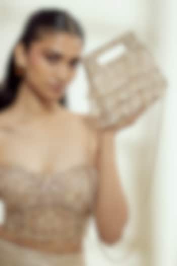 Champagne Gold Faux Leather Beads Embellished Square-Shaped Clutch by BEAU MONDE at Pernia's Pop Up Shop