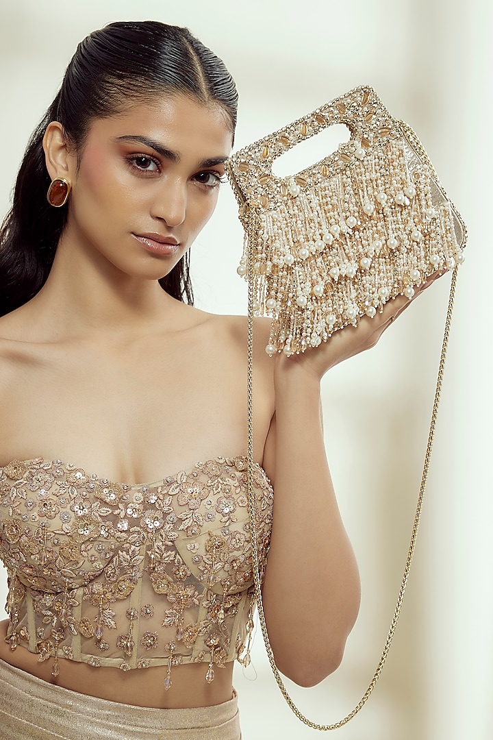 Champagne Gold Faux Leather Beads Embellished Square-Shaped Clutch by BEAU MONDE at Pernia's Pop Up Shop