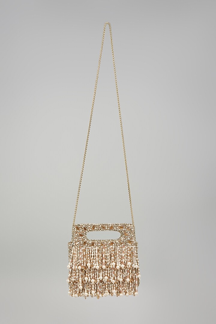 Champagne Gold Faux Leather Beads Embellished Square-Shaped Clutch by BEAU MONDE at Pernia's Pop Up Shop