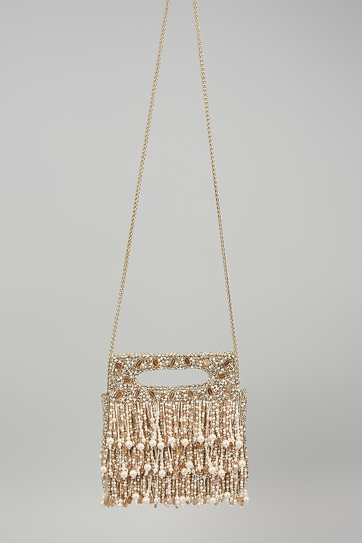 Champagne Gold Faux Leather Beads Embellished Square-Shaped Clutch by BEAU MONDE at Pernia's Pop Up Shop