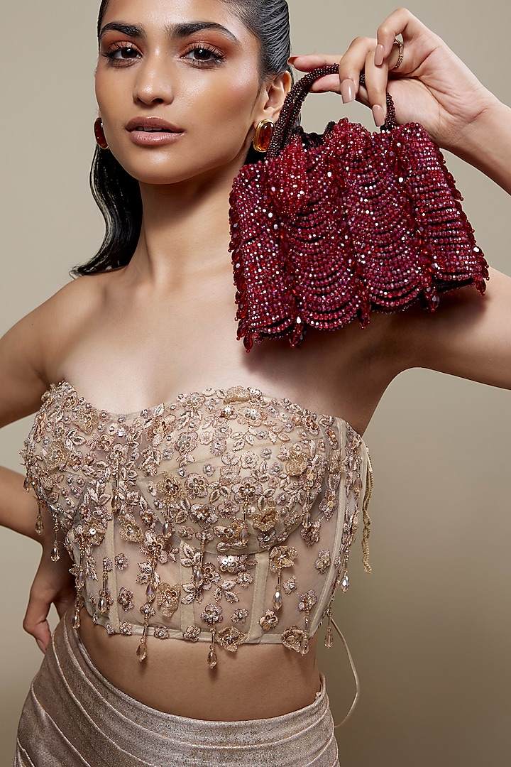 Red Velvet Crystal Embellished Bucket-Shaped Clutch by BEAU MONDE at Pernia's Pop Up Shop