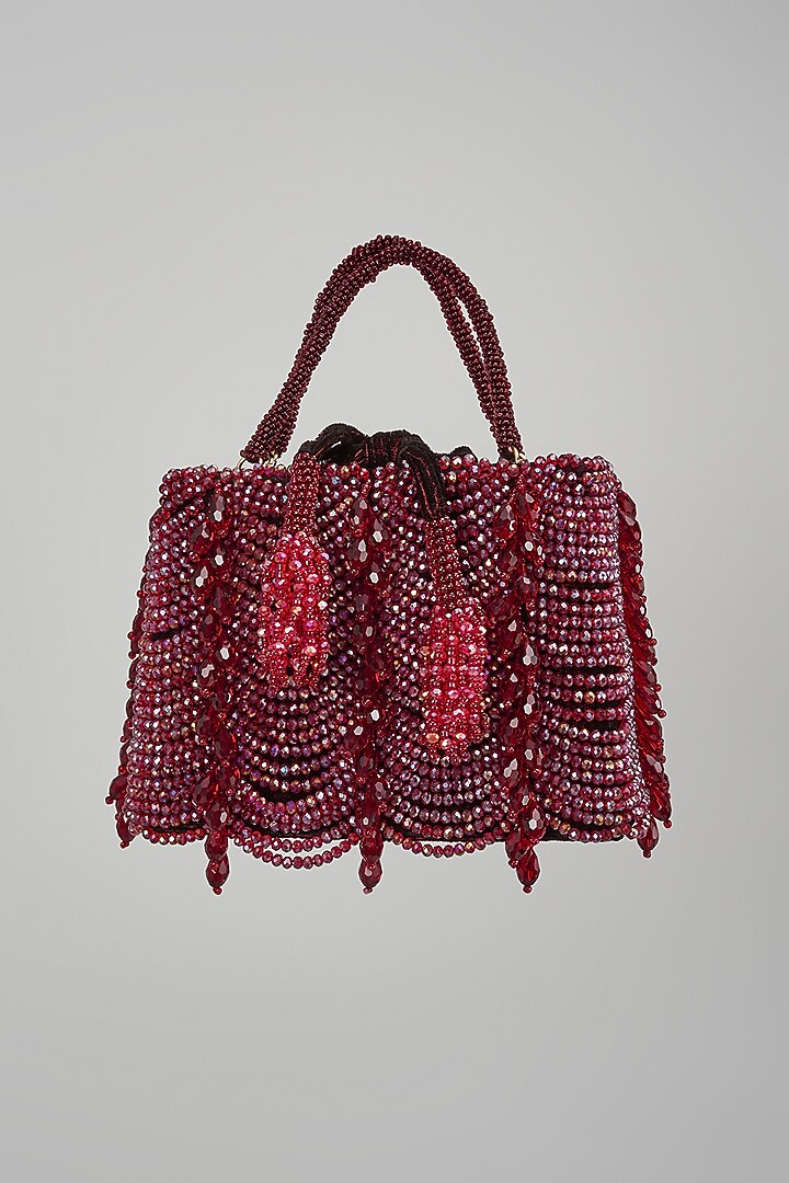 Red Velvet Crystal Embellished Bucket-Shaped Clutch by BEAU MONDE at Pernia's Pop Up Shop