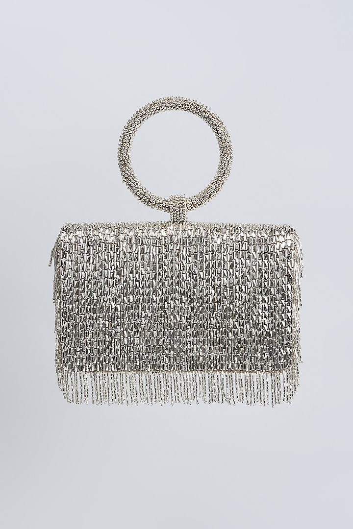 Silver Vegan Leather Beadwork Clutch by BEAU MONDE at Pernia's Pop Up Shop