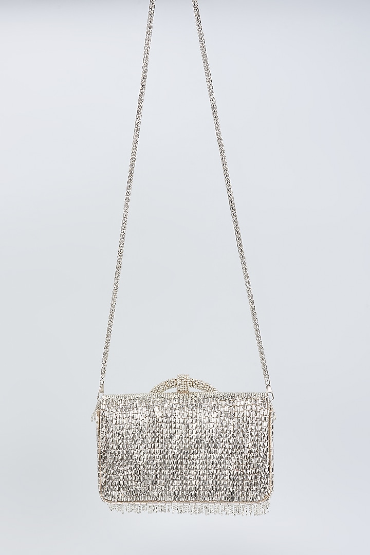 Silver Vegan Leather Beadwork Clutch by BEAU MONDE at Pernia's Pop Up Shop