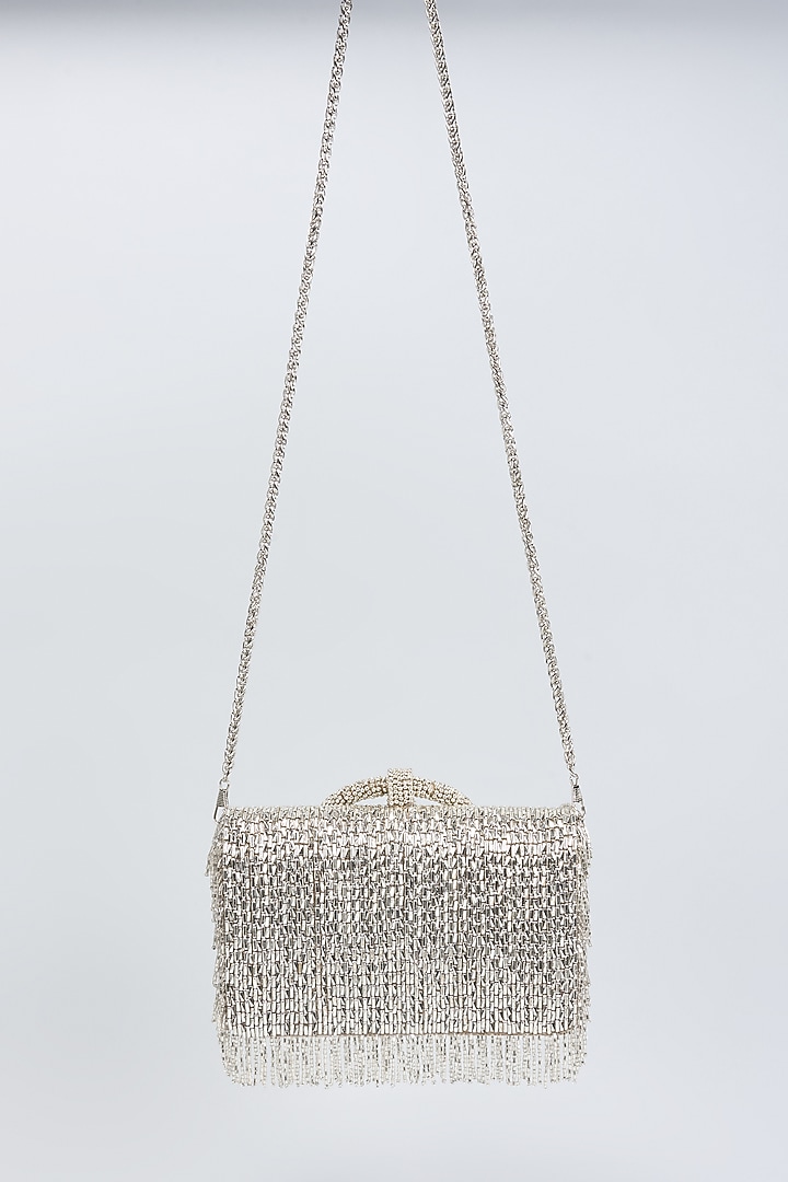 Silver Vegan Leather Beadwork Clutch by BEAU MONDE at Pernia's Pop Up Shop