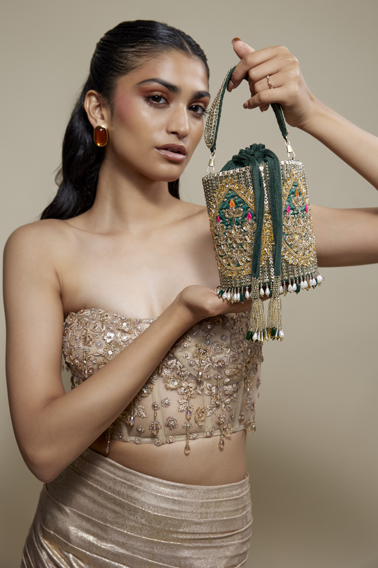 Gold Velvet Beads Work Bucket-Shaped Potli by BEAU MONDE at Pernia's Pop Up Shop