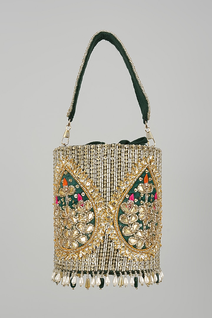 Gold Velvet Beads Work Bucket-Shaped Potli by BEAU MONDE at Pernia's Pop Up Shop