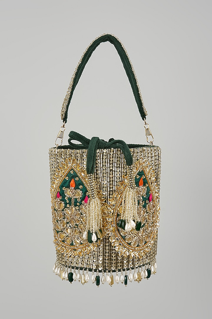 Gold Velvet Beads Work Bucket-Shaped Potli by BEAU MONDE at Pernia's Pop Up Shop
