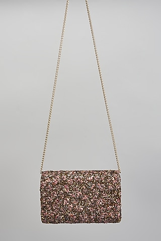 Bronze Vegan Leather Beadwork Clutch by BEAU MONDE